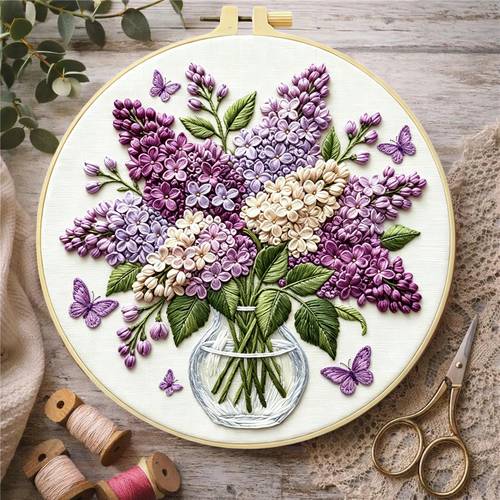 1 set of embroidery kit featuring a fully blooming lilacs clustered in a clear glass vase pattern handmade diy embroidery kit for beginners european style 3d easy to instructions printed embroidery