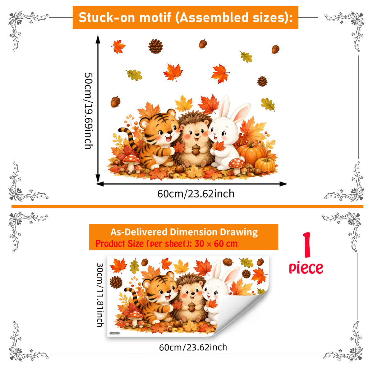 Image of 1pc (30 X 60cm) Static Window Clings, Vintage Watercolor Forest Creature Pumpkin Foliage Glass Decals For Glass Door Living Decor, Halloween Home Decoration