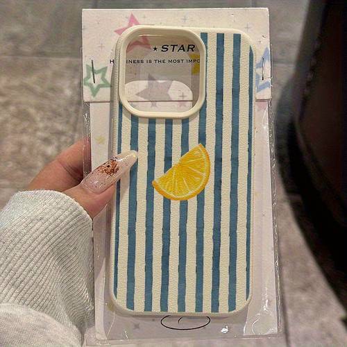 1pc blue striped lemon trendy pattern lychee texture phone case for iphone 17 16 15 14 13 12 11 pro x xr xs 8 7 plus