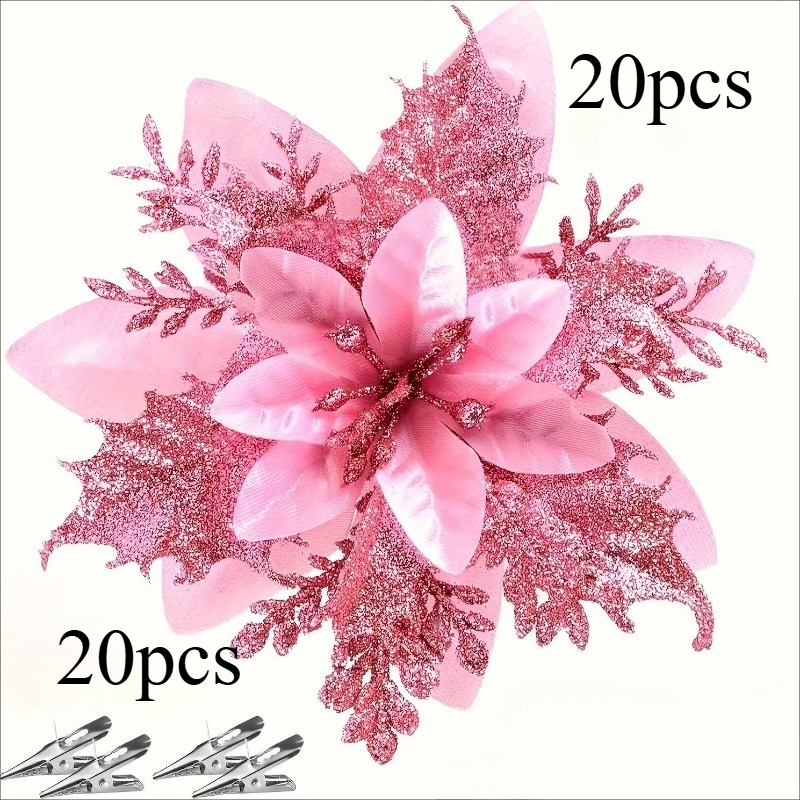 TEMU 40pcs Fleurs à paillettes avec pinces - Décorations florales blanches scintillantes de (5,5 pouces) pour Noël, mariages, Nouvel An, fêtes et
