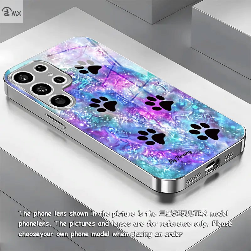 TEMU Phone Case: Colorful Starry Sky Paw Print Pattern Electroplated Silvery Tempered Glass Phone Case, Suitable For Galaxy S26 Plus, S26 Ultra, S25