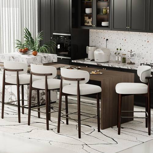 upholstered bar stools set of 4 26 counter height bar stools with wood legs kitchen island stools with back linen fabric curved back metal footrest for kitchen island dining beige