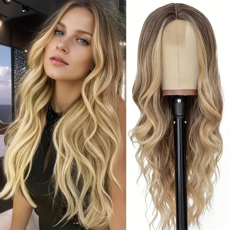 26" Natural Looking Long Ombre Blonde Wavy Wig For Women - Heat Resistant Synthetic Hair With Curly Texture, Middle Part Blonde To Lighter Ends For Daily Use, Party, Cosplay & Halloween Costume Wigs