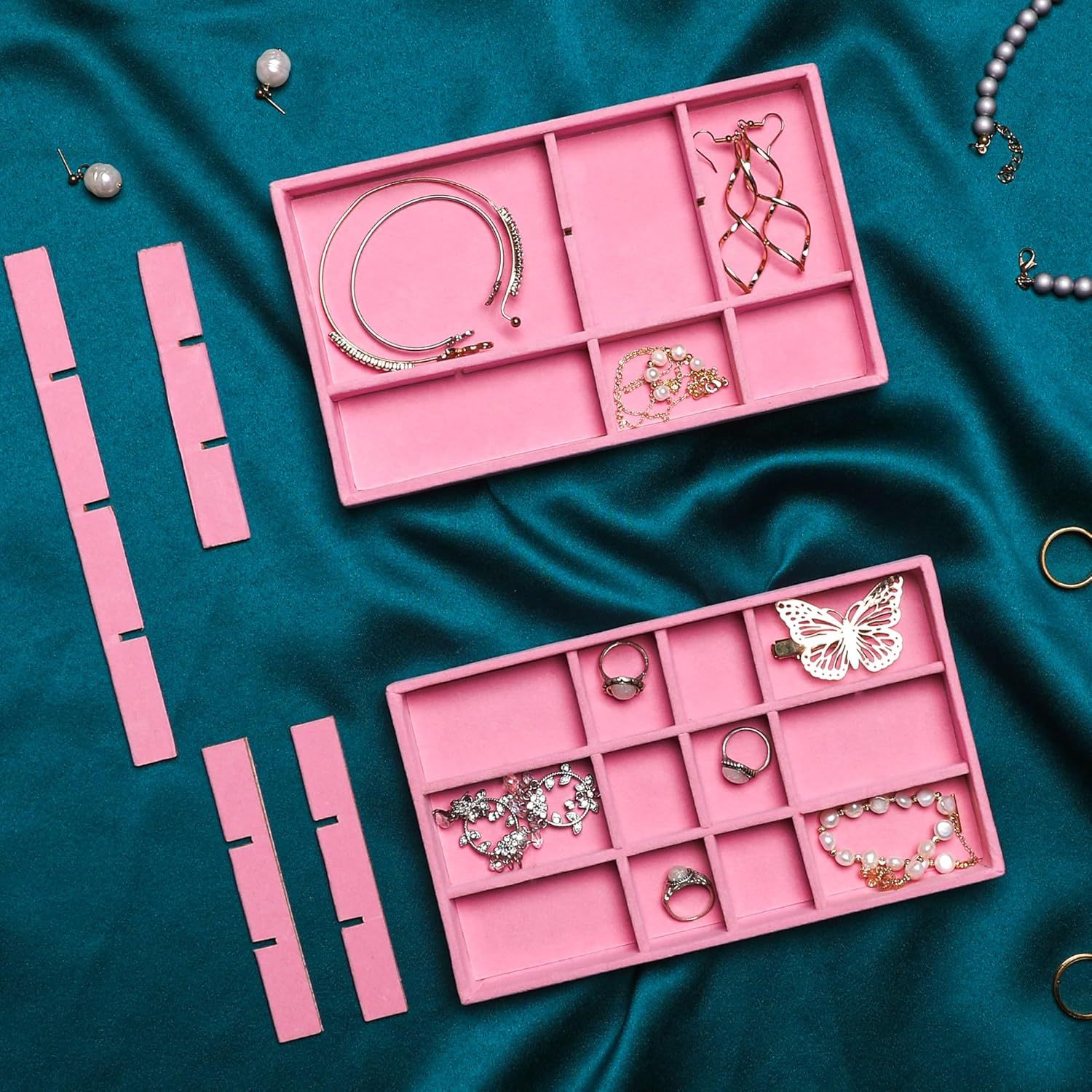 4pcs Stackable Velvet Jewelry Storage Tray Set