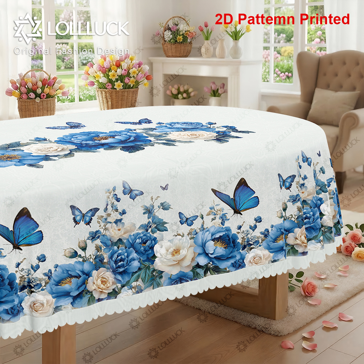 TEMU 1pc, Tablecloth For A Spring-summer Themed Party, Featuring A Blue And Peony Floral Print, In Rectangular, Round, Or Oval Shapes, With An