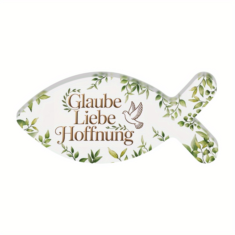 E-shop 2D Flach, 1 Stück PUTUO DECOR Deutscher Glaube Liebe Religiöse Tischdekoration – Fischförmiges Acrylschild für Zuhause, Kirche, Hochzeit,
