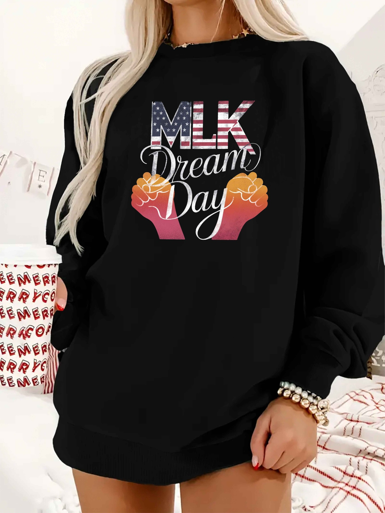 Women's MLK Graphic Print Crew Neck Sweatshirt Patriotic Stars  Signs, Relaxed Fit Casual Pullover for Fall S