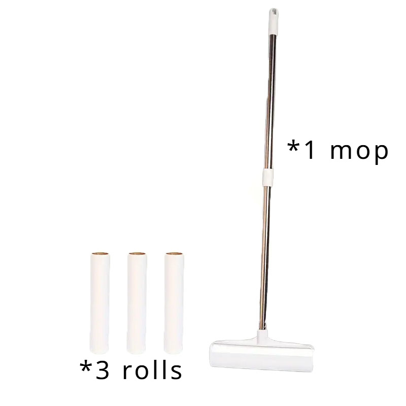 TEMU 4-teiliges Set (3 Rollen Papier + 1 Mopp-Haarentferner mit langem Stiel, einziehbare Haarbürste für Kleidung, Haushalts-Bodenreinigungswerkzeug