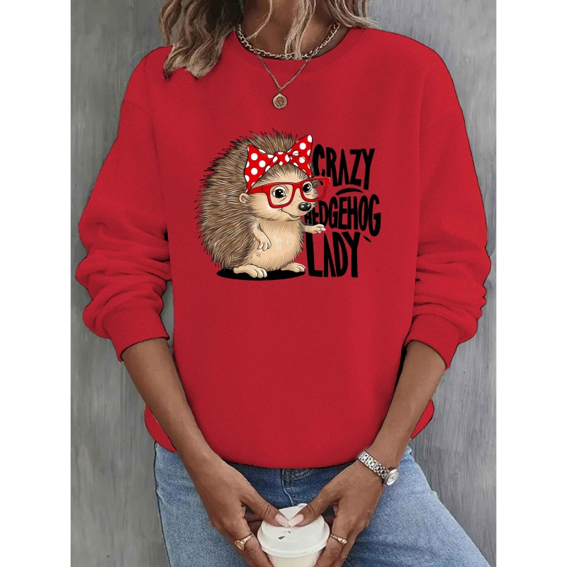 

1pc Women's Casual Crew Neck Sweatshirt With Crazy Hedgehog Lady , Polyester Knit Fabric, Geometric Pattern, Fall/