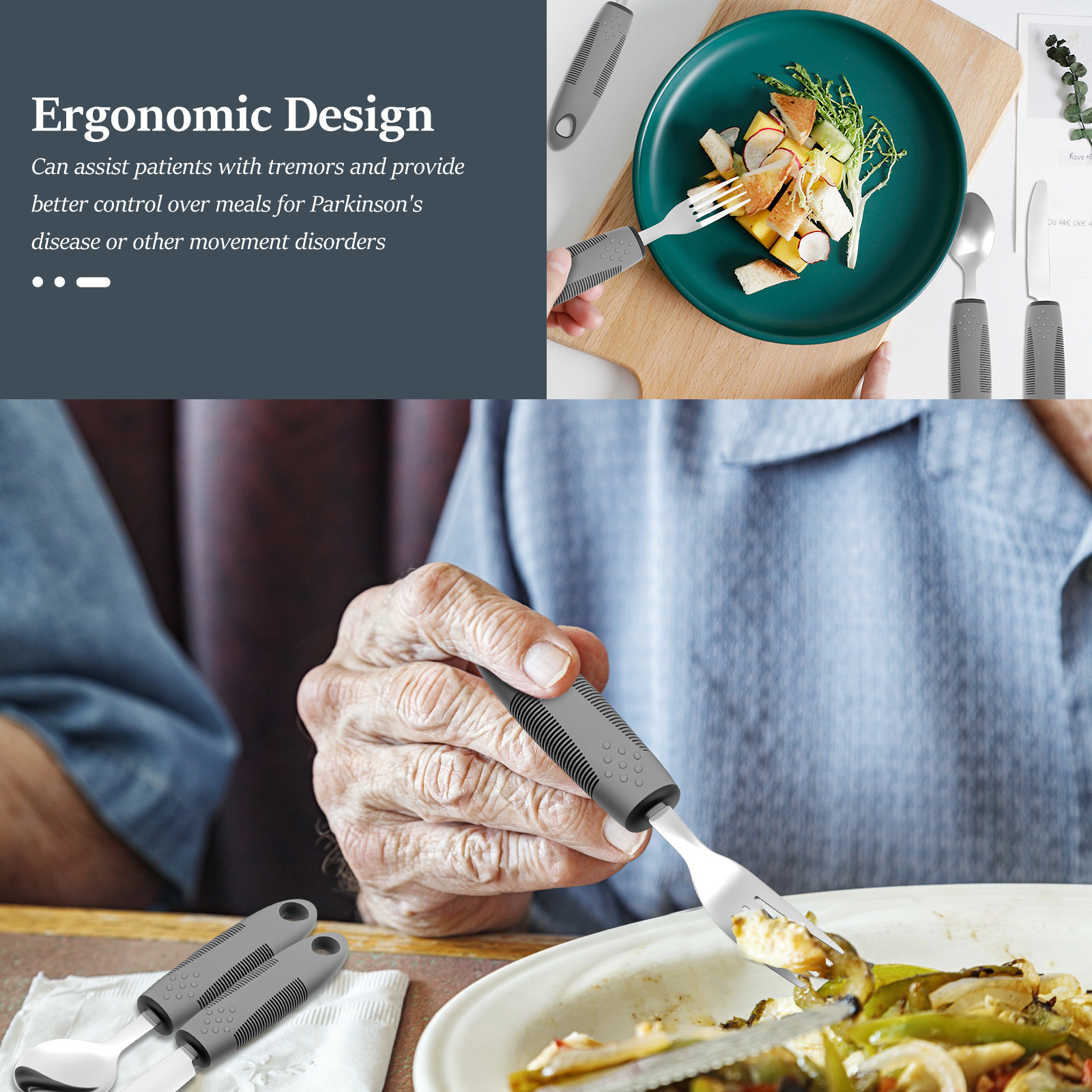 4pcs Adaptive Utensils Stainless Steel Built Up Utensils for Adults Complete Weighted Utensils Set Nonslip Easy Grip Silverware for Elderly and Persons with Shaking Hands Adaptive Utensil Set Easy Grip Silverware Set Adaptive Silverware Weighted