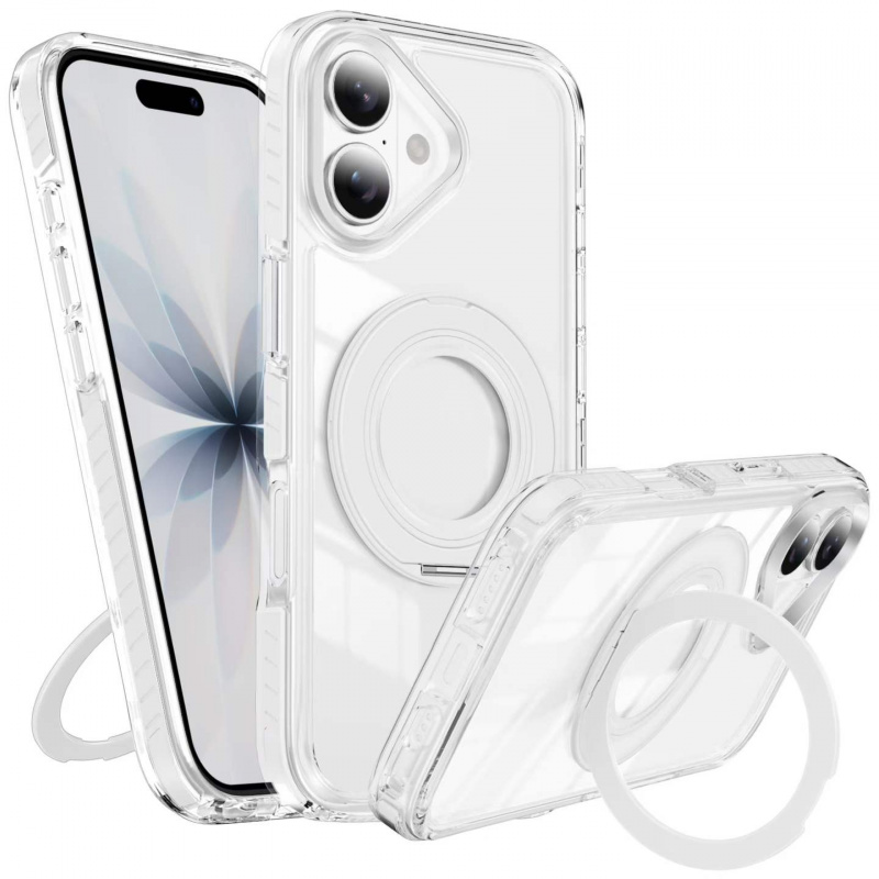 TEMU Phone Case - Transparent Acrylic Phone Cover Featuring -degree Rotating Ring Stand And Elevated Camera Protection For Iphone 13-17 Models