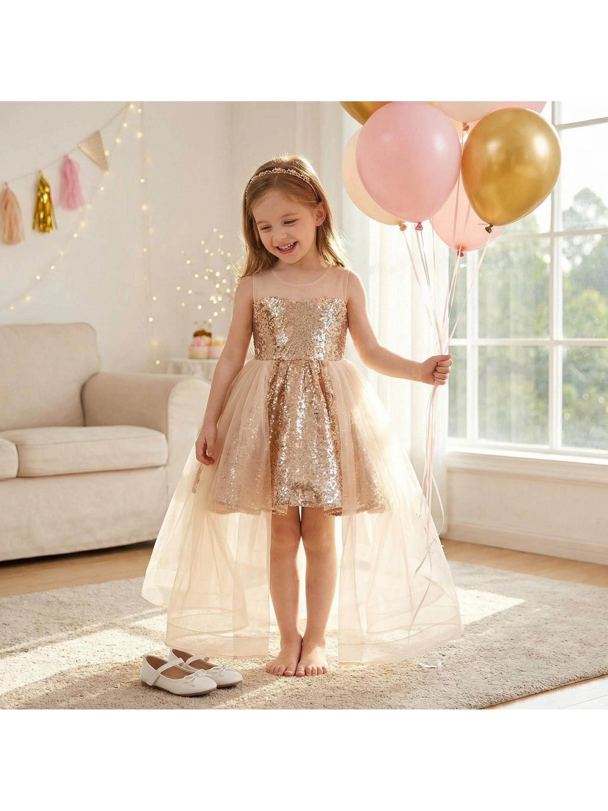 Girls' Fashion Sequins High Waist Low Hem Princess Dress for Performance,  Parties, And Birthdays, -8