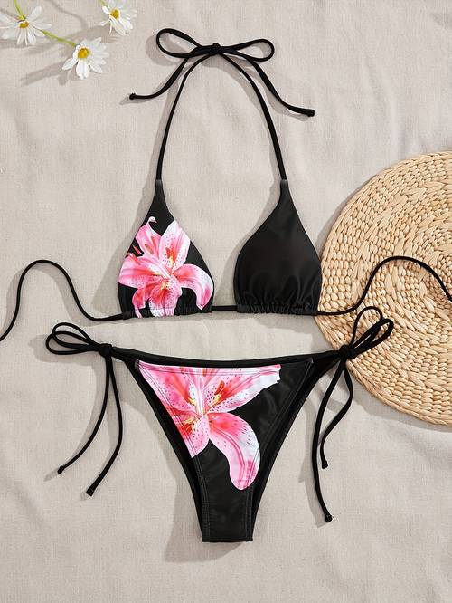 European and Lily Floral Print Bikini Set with Tie-top and Tie-side Swim