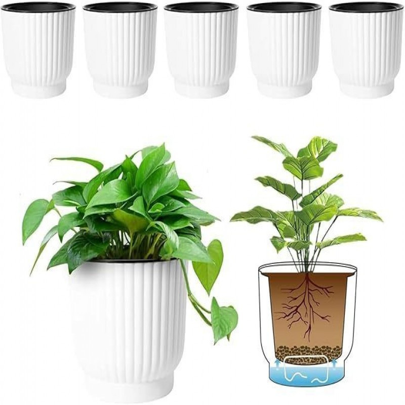 

Self Watering Pots For Indoor Plants, 6 Pack White Plastic Flower Pots For Plants, Flowers, African Violets