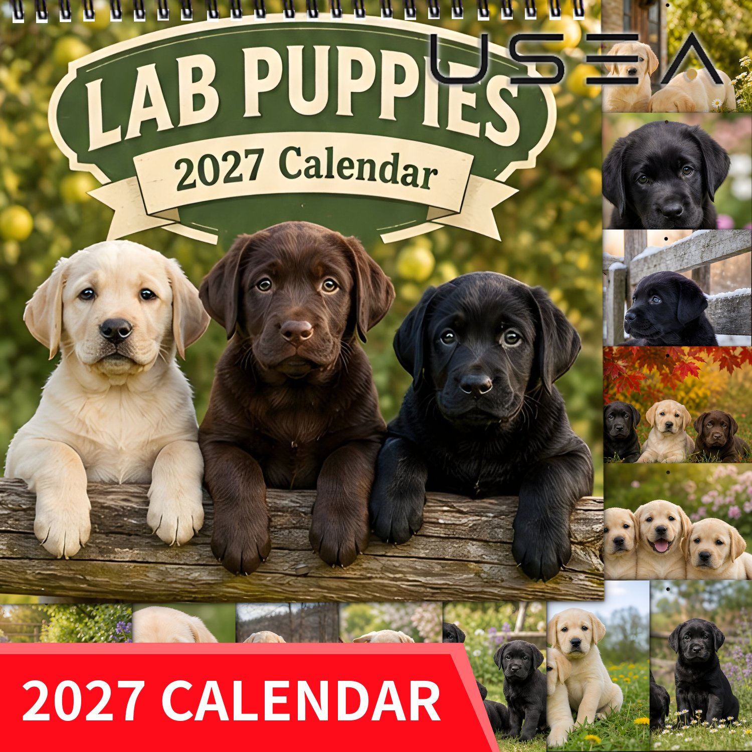 TEMU 2027 Lab Puppies Wall Calendar - Large Blocks, Twin Wire Spiral Binding Suitable For Office, 12-month Planner With Monthly Organizer, Rustic