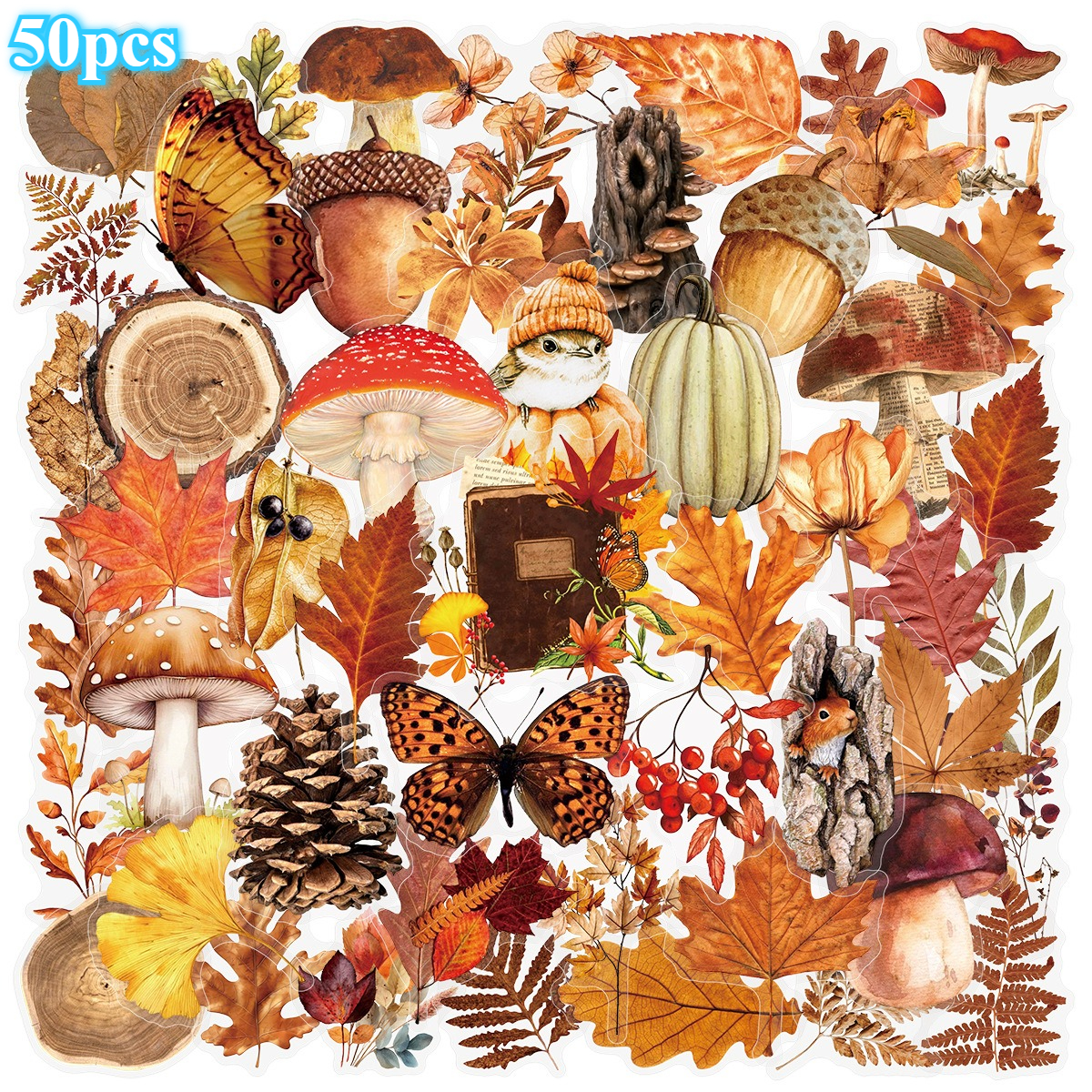 TEMU 50pcs Autumn Forest Transparent Pet Stickers, Mushroom And Leaf Hand Drawn Art, For , Junk Journal Planner Diy Crafts, Planner Accessories,