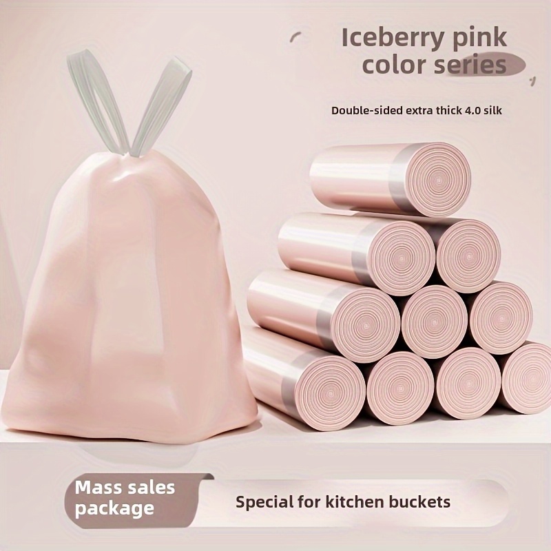 

A Roll Of 1 Extra Pink Ribbon Drawstring Garbage Bag, Puncture-proof Plastic Garbage Bag, Suitable For Kitchen, Bedroom, Living Room, Bathroom- Disposable Household Goods