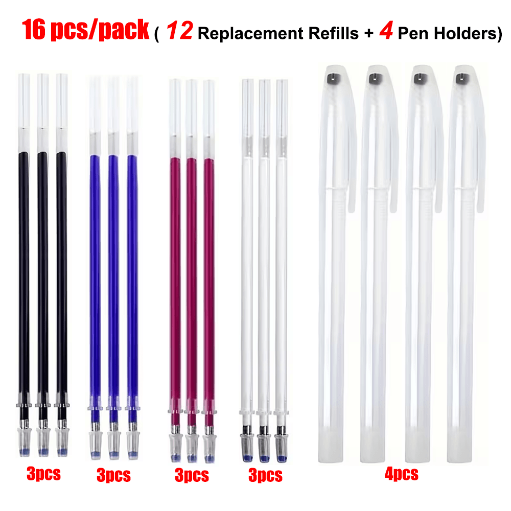 TEMU 16 Pack Heat Erasable Marking Pen Set, 12 Refills + 4 Pen Barrels, 4 Ink Colors (black, White, Red, Blue), 1mm Smooth Writing Nib, Leak-proof