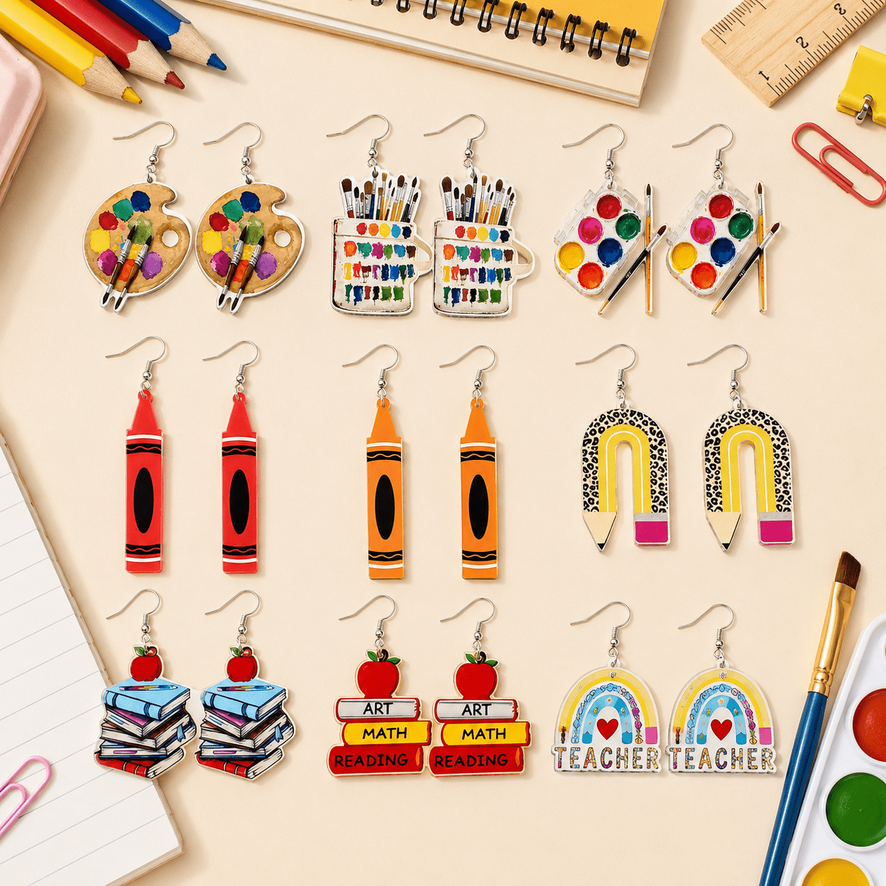 TEMU 9-pair Women's Fun Back-to-school Acrylic Earring Set, Including Paintbrush, Palette, Pencil, Book, And Pendant Earrings, Cute Holiday Jewelry,