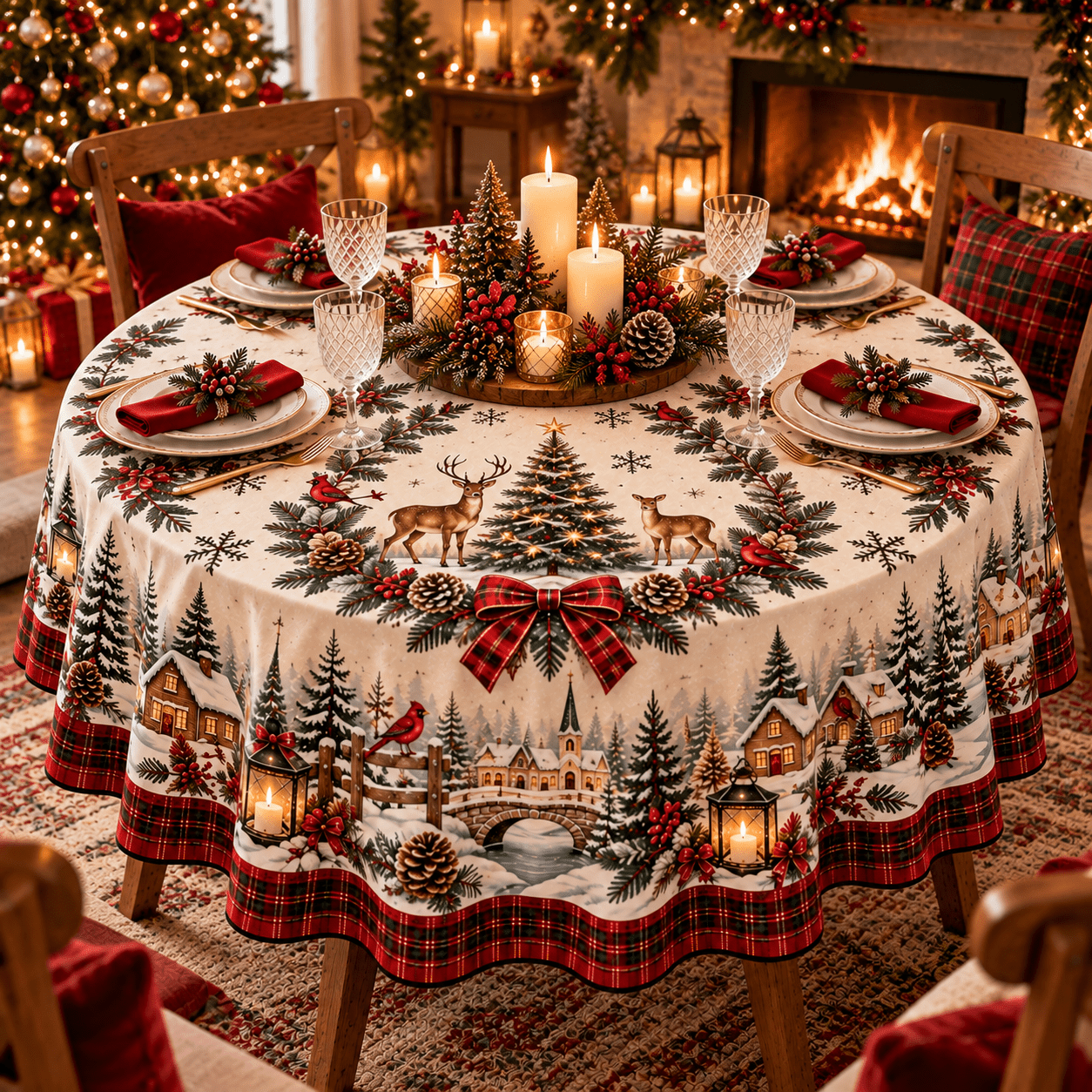 TEMU 1 stuk Boerderijstijl Kerst Ronde Tafelkleed Geschikt voor Keuken, Huis & Kerstfeest - Winterse Tafelhoes met Rendier, Kardinaal & Besneeuwd