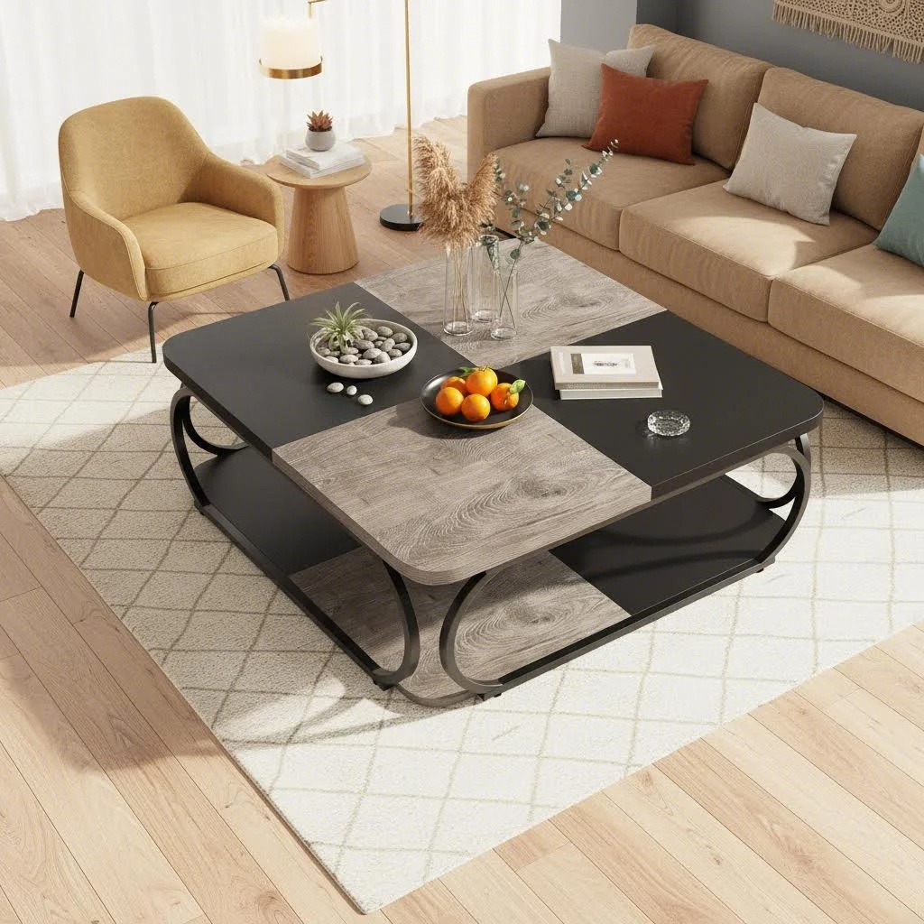 1pc Coffee Table Suitable For Living Room, Modern Minimalist Composite Wood & Table With Black/grey, Assembly Center Table For Spaces, Contemporary Furniture