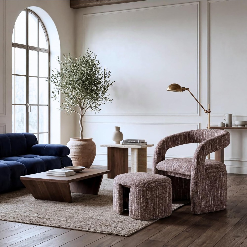 1pc Modern Accent Living Room Chair Set with One Ottoman, Upholstered Barrel Sherpa Lounge Side Chair, Comfy Side Reading Reclining Chair for Living Room, Bedroom, Apartment, Reading Room, Office