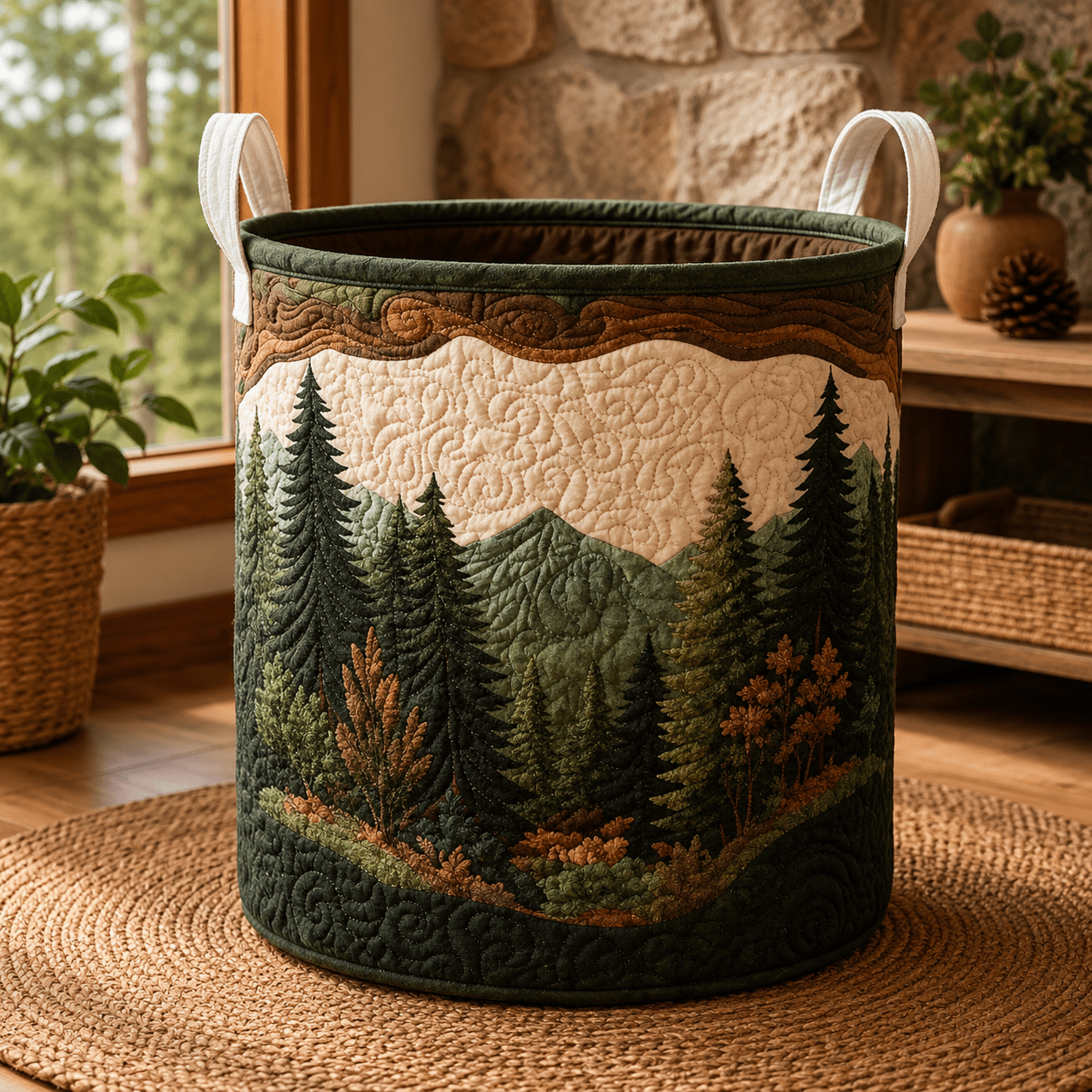 TEMU Large Rustic Cabin Pattern 2d Flat Print Foldable Quilted Laundry Basket - Round Storage Hamper Decorated With Print, Suitable For Clothes And
