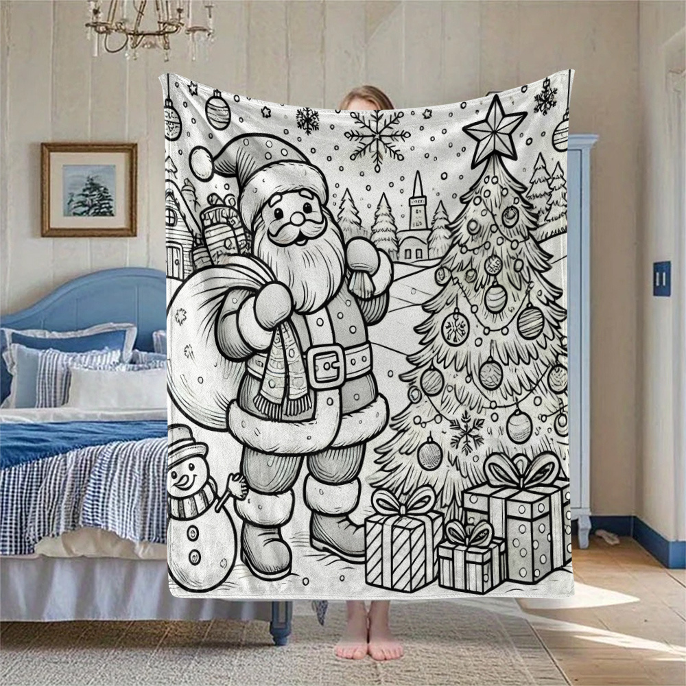 TEMU Couverture en flanelle à colorier à soi-. Imprimé scène de neige de Noël avec Père Noël, douce, de , lavable en machine , le canapé, ,