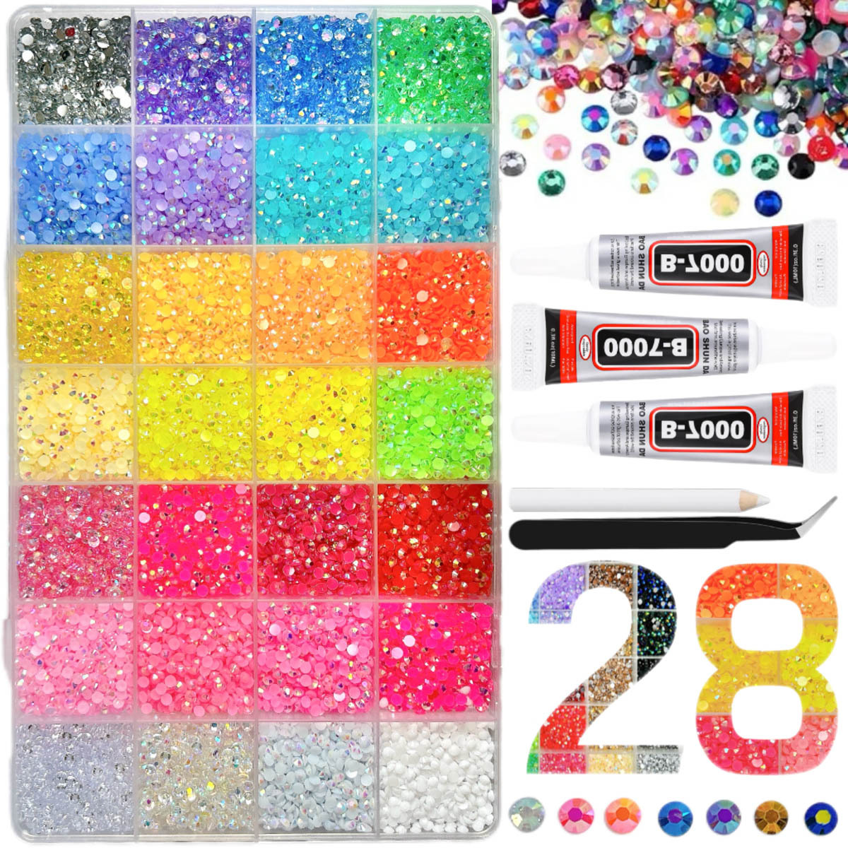 28 Grid Colorful Flatback Rhinestones Set with  , Mixed Size Resin for nail   Kit with Tweezer And Picker Pen,   Bedazzling Rhinestones for Nails, Crafts, Shoes, Face Makeup, Decoration