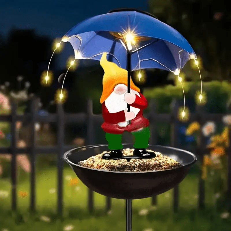 E-shop 1 Stück Solar-Gnom-Schirm-Vogelfutterstation Außenstatue mit Solar-Lichterkette, Solar-Gartendekoration, geeignet zum Füttern Dekorieren von
