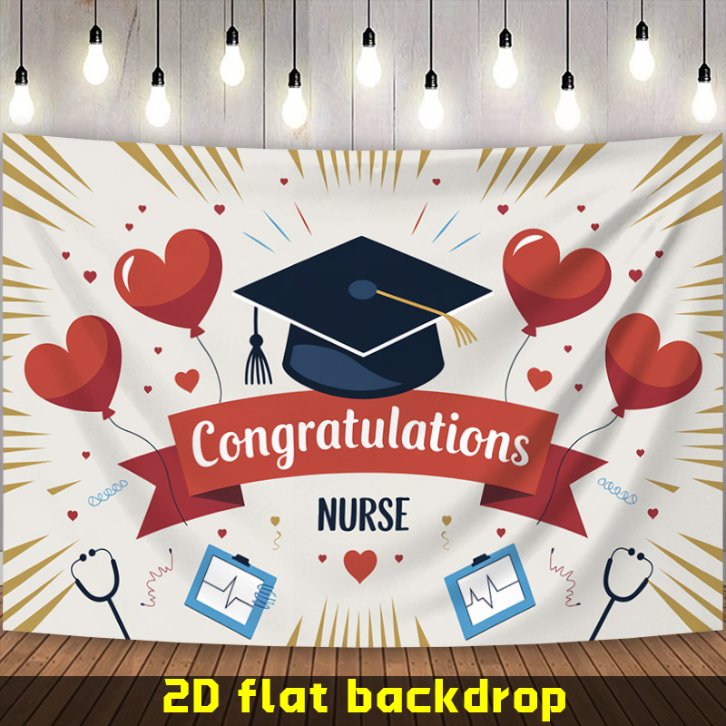 banner 2d piatto - banner 2d piatto - banner 2d piatto con targa   di laurea e infermiera con palloncini a cuore rossi, realizzato in poliestere,   per decorare e   la giornata   degli infermieri