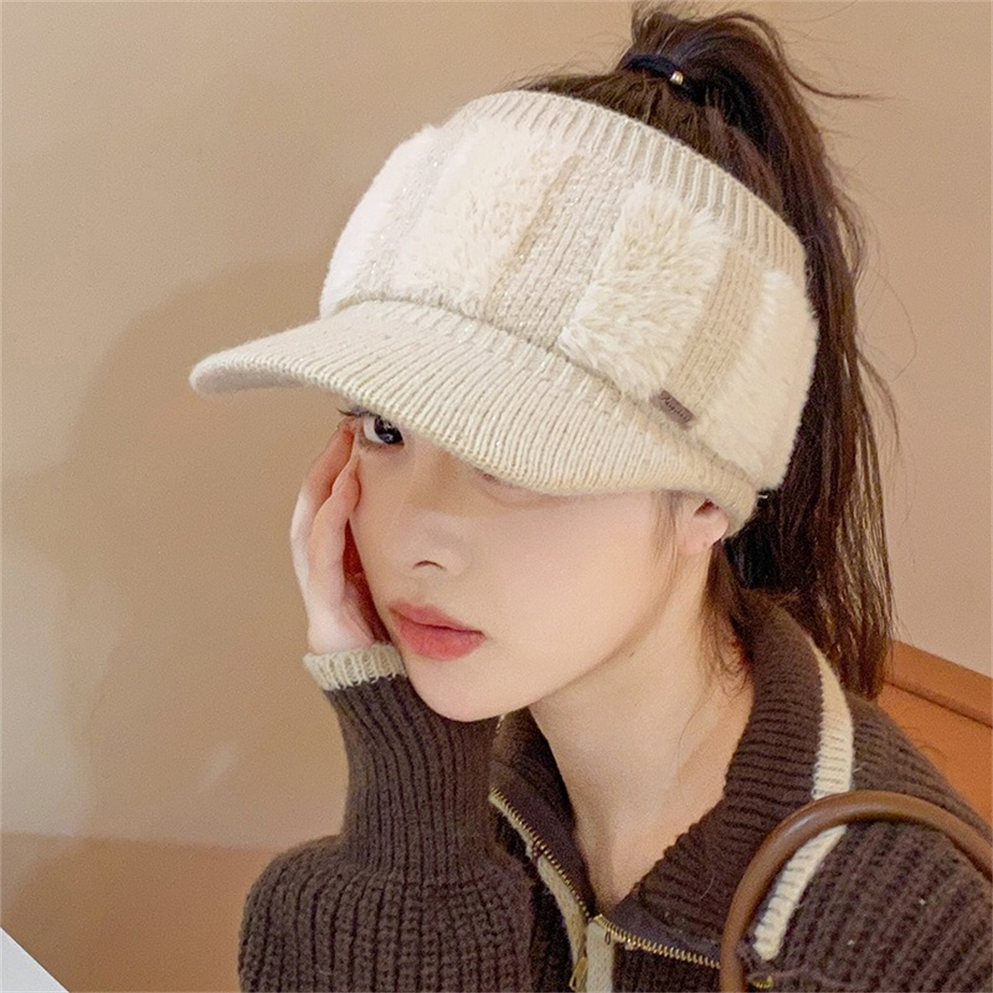 womens winter beanie ponytail hole fuzzy knitted acrylic hat  display picture 3