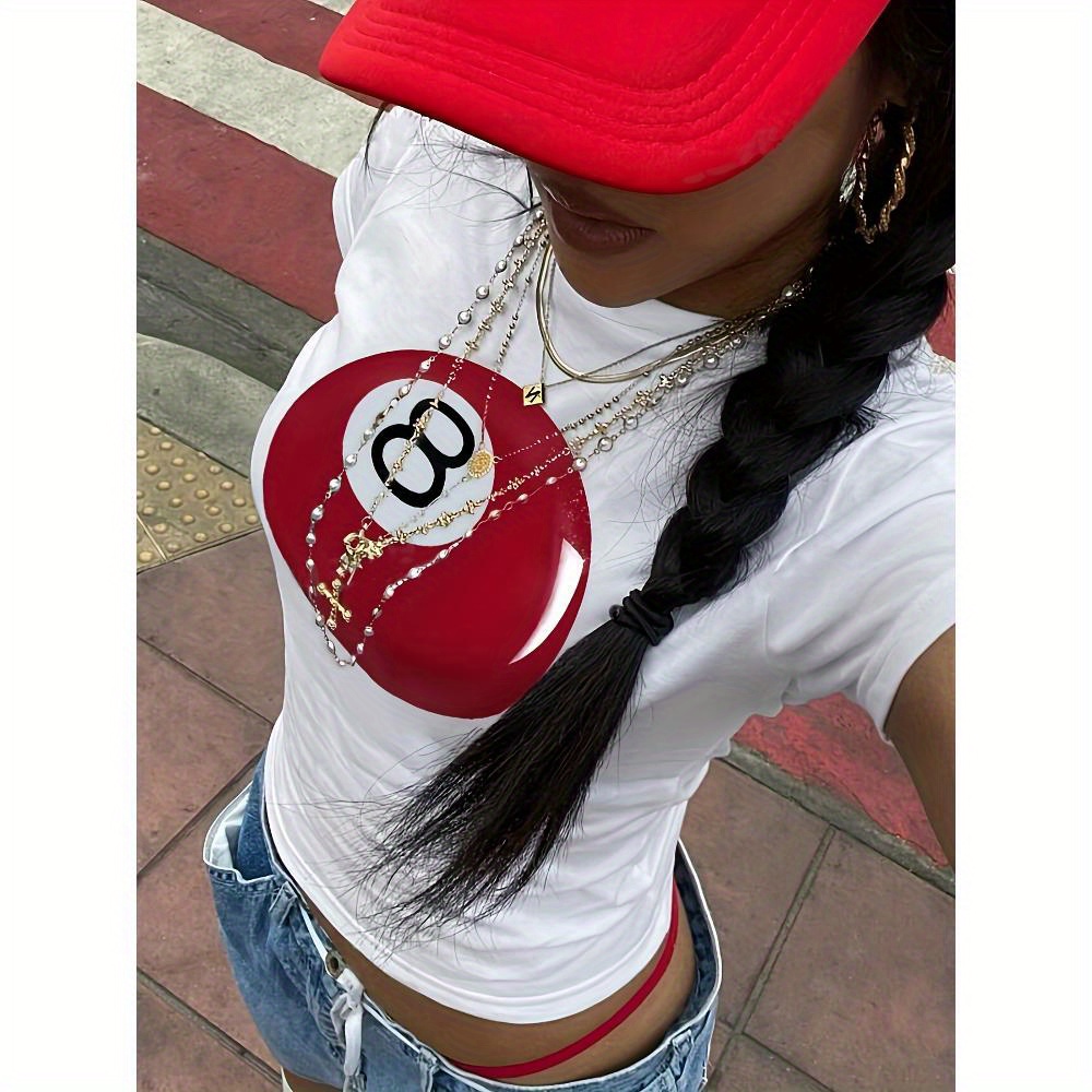 Women's Casual Sports T-shirt, Round Neck Short Sleeve, Red 8 Ball Pattern Printed, Women's Clothing
