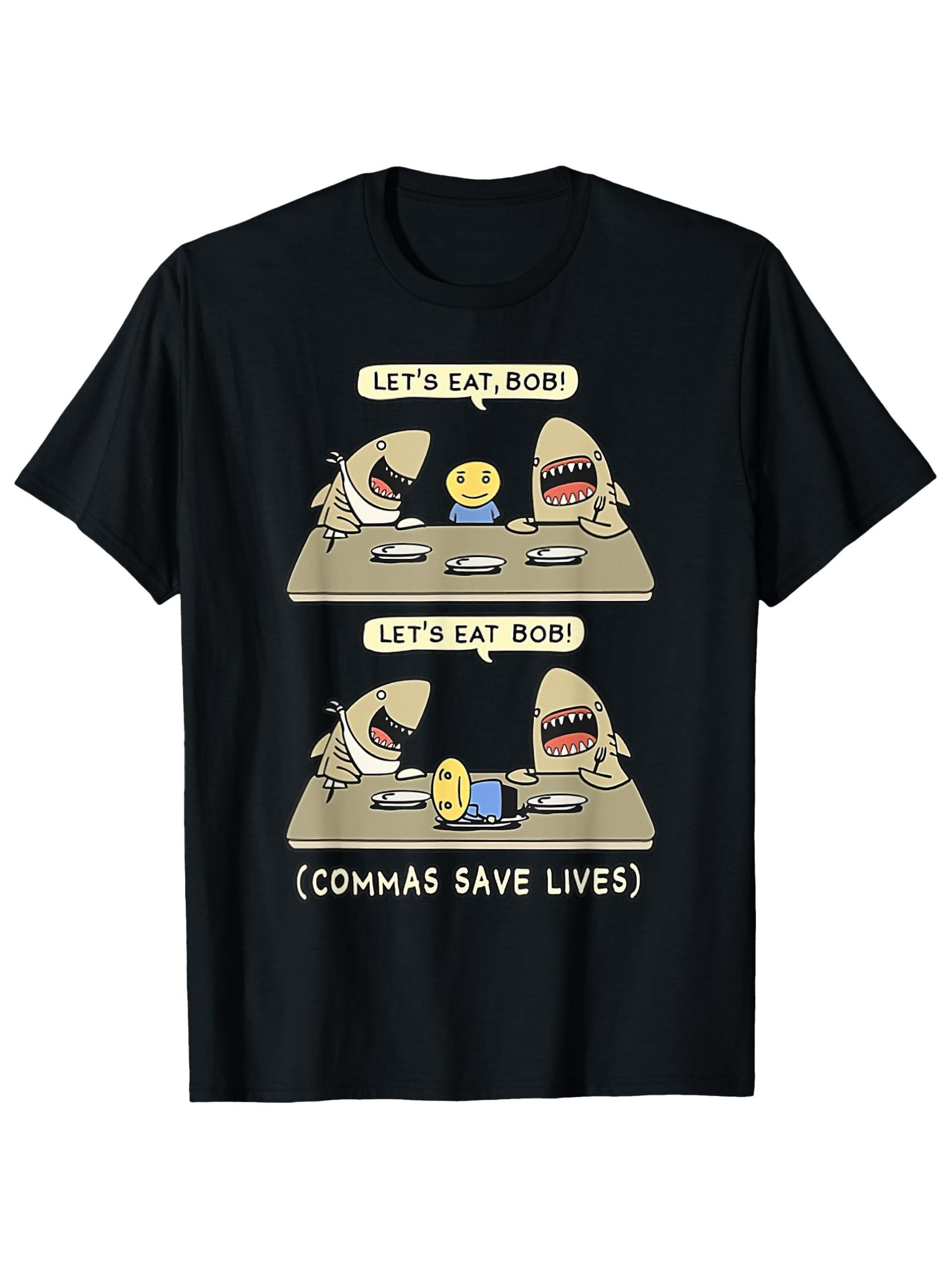 men s funny grammar   -   eat, bob! writing rules graphic tee - black shirt with beige sharks - regular fit casual everyday shirt for writers, language  , book lovers - machine washable humorous gift for grammar &   enthusiasts - lightweight breathable apparel for office, school, parties, party attire,   design, comfortable material,  , office workers 0