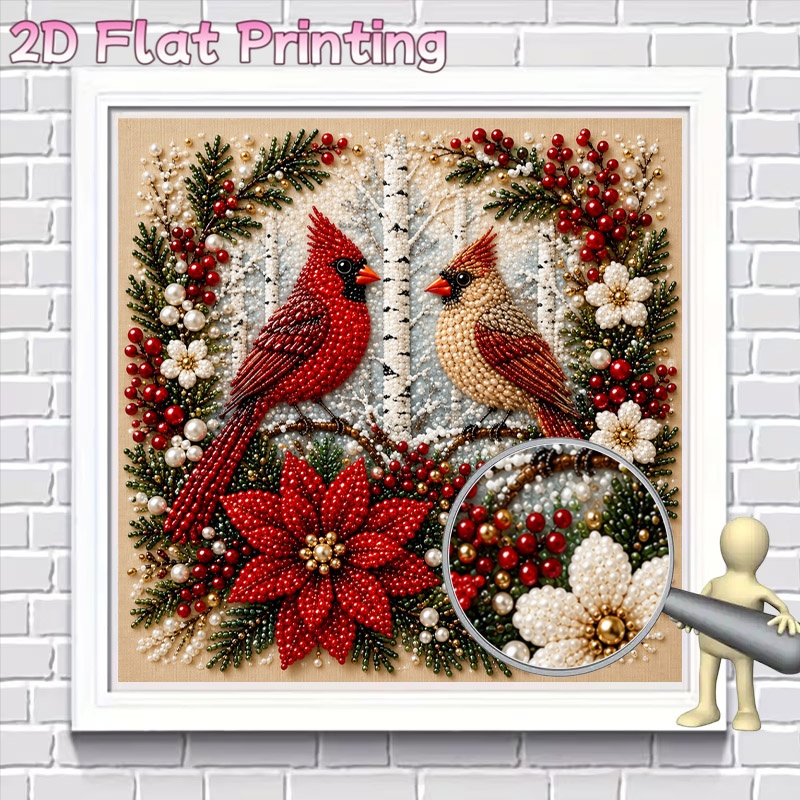 TEMU Nouvelle Kit de Peinture Diamant 2D Cadre avec Perles, Motif et d'Oiseaux Cardinaux d'Hiver avec , Branches de Pin et Fond de Bouleaux Enneigés,