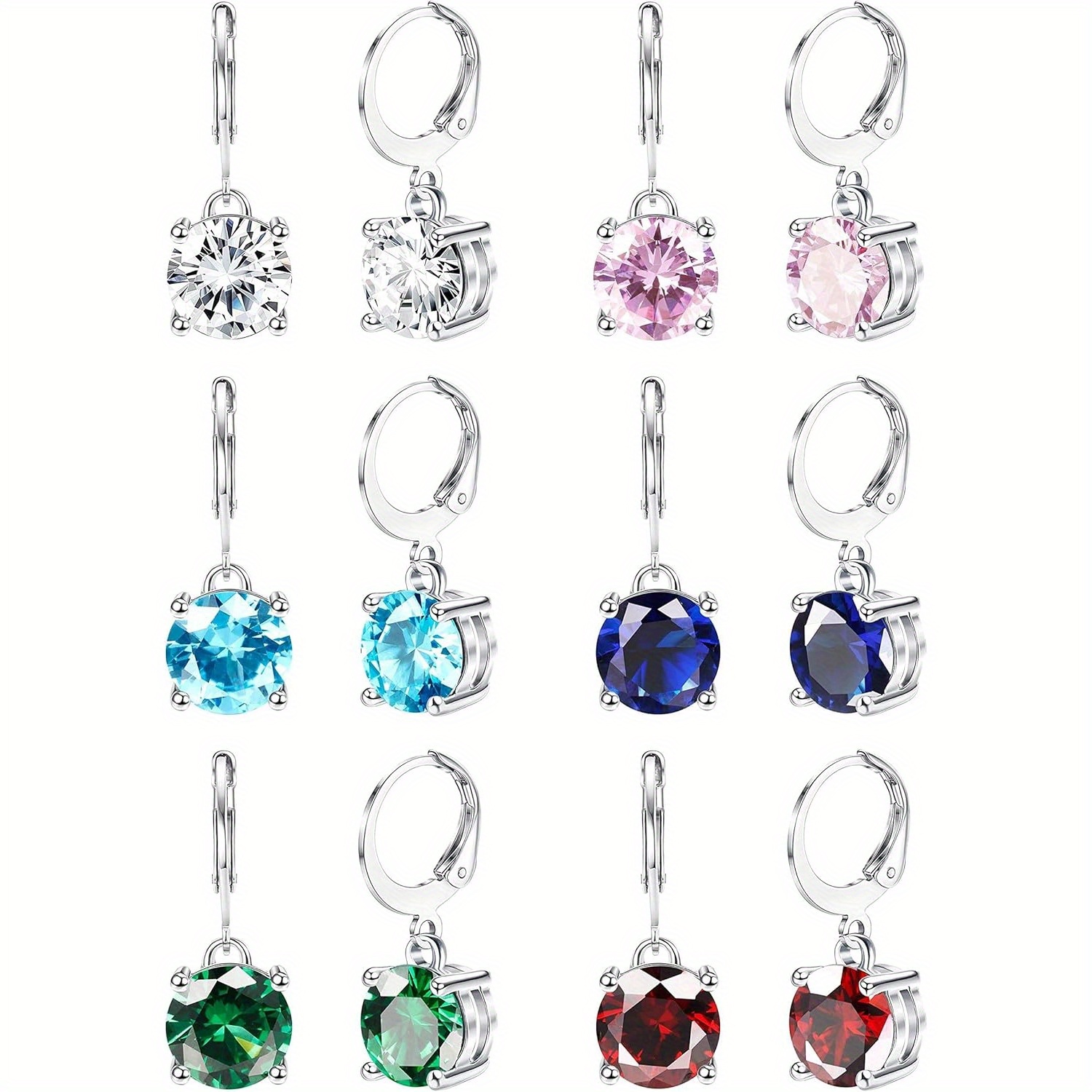 Image of 6 Pairs Leverback Earrings For Women Stainless Steel Dangle Hoop Earrings Set Multi Colored Birthstone Earrings 8mm Cubic Synthetic Zirconia Fashion Jewellery