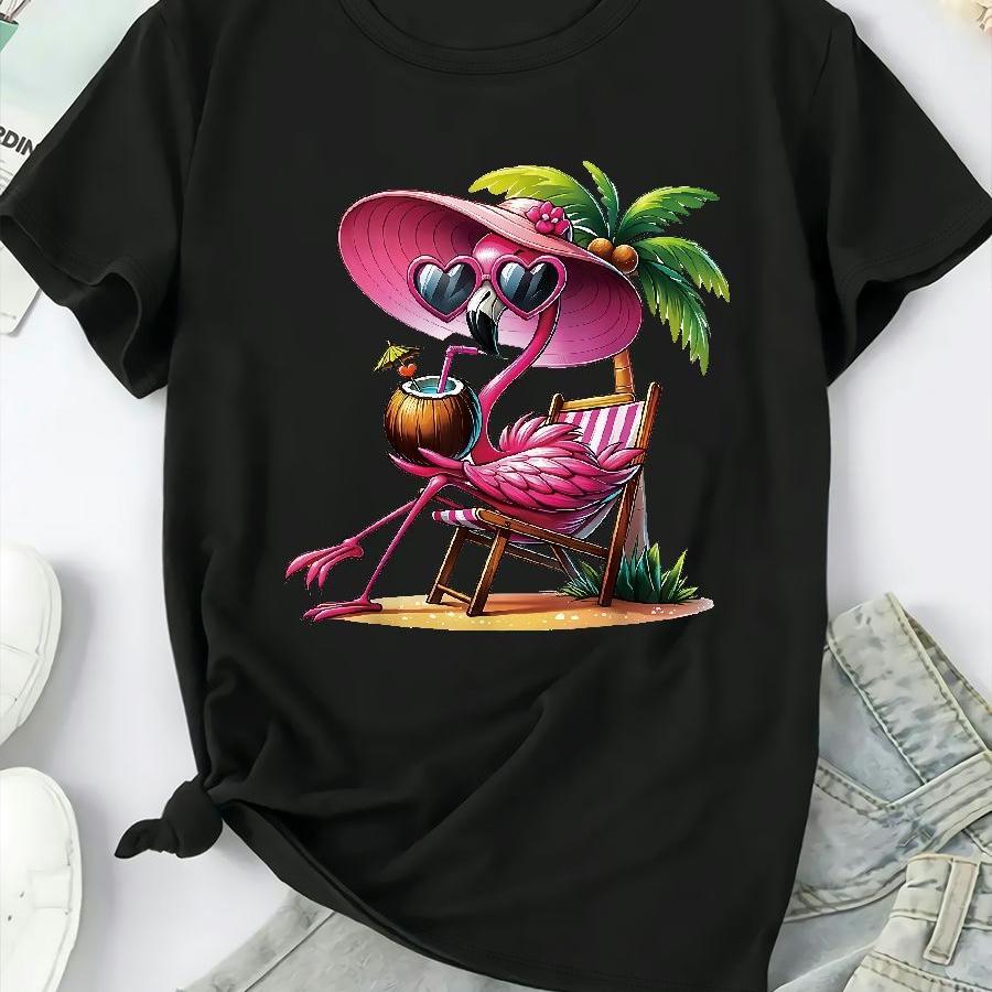 

1pc Plus Size Women's Casual Crew Neck T-shirt With Cartoon Flamingo Print, Short Sleeve, Polyester Knit Fabric With Stretch, Regular Fit, Spring/summer/autumn Fashion Top