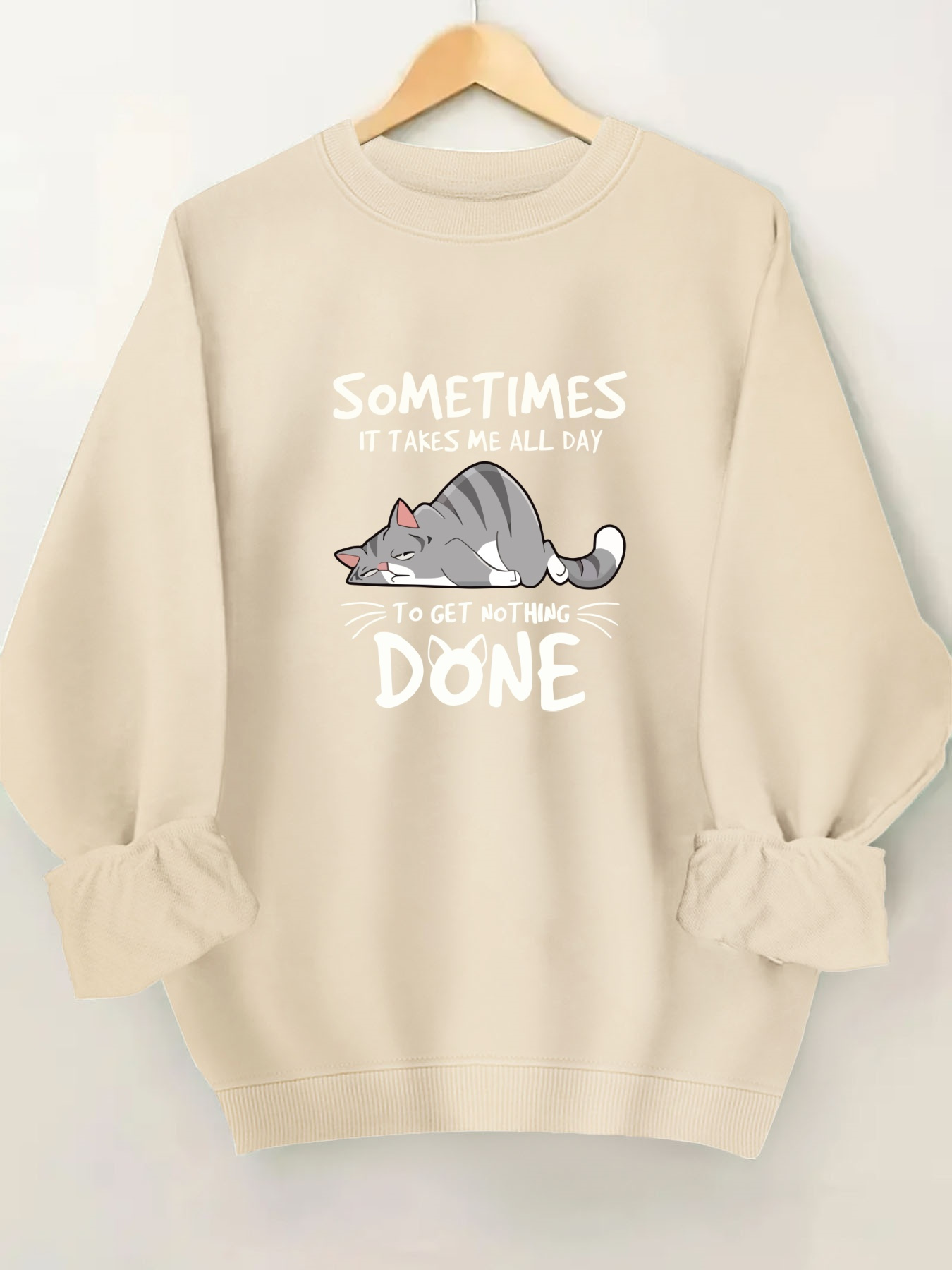 camisola casual feminina de   comprida com estampa de gato - às vezes levo   todo para não    , top     em poliéster, lavável à máquina, corte regular, roupa   a dia, tecido durável, blusa gráfica,    , suéter estampado, guarda-roupa de  /outono