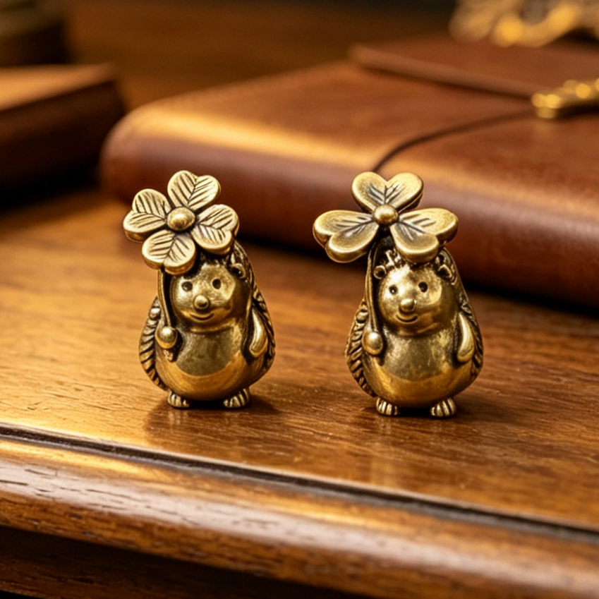 TEMU Solid Brass Decorative Clover Hedgehog Set, 2 Small Figurine Ornaments For Study, Bookshelf, Office, And Home Display For Halloween Thanksgiving