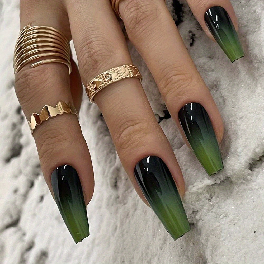 TEMU 24pcs Glossy Green Ombre Coffin Press On Nails, Nail Art, Extra Long Acrylic Fake Nails, Nails (green & black Ombre)