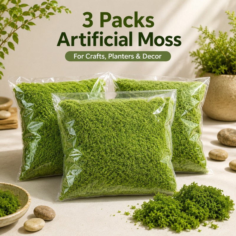 TEMU 3-pack Decorative Artificial Moss, 5.31 X 4.92 Inches Per Pack, Realistic Appearance, Suitable For Potted Plant Top Decoration, Miniature Fairy
