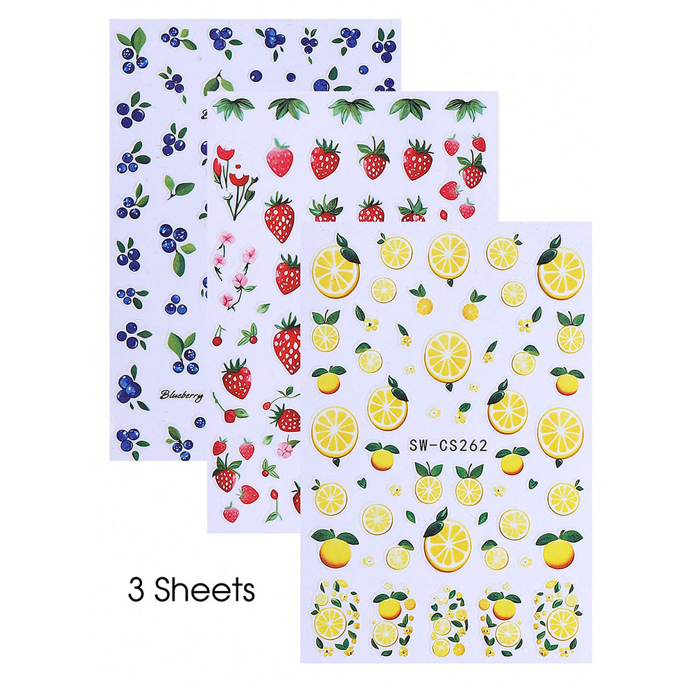 3pcs Summer And Spring Fruit Strawberry, Blueberry, Lemon 3d Nail Art Stickers, Suitable For Nail Decoration