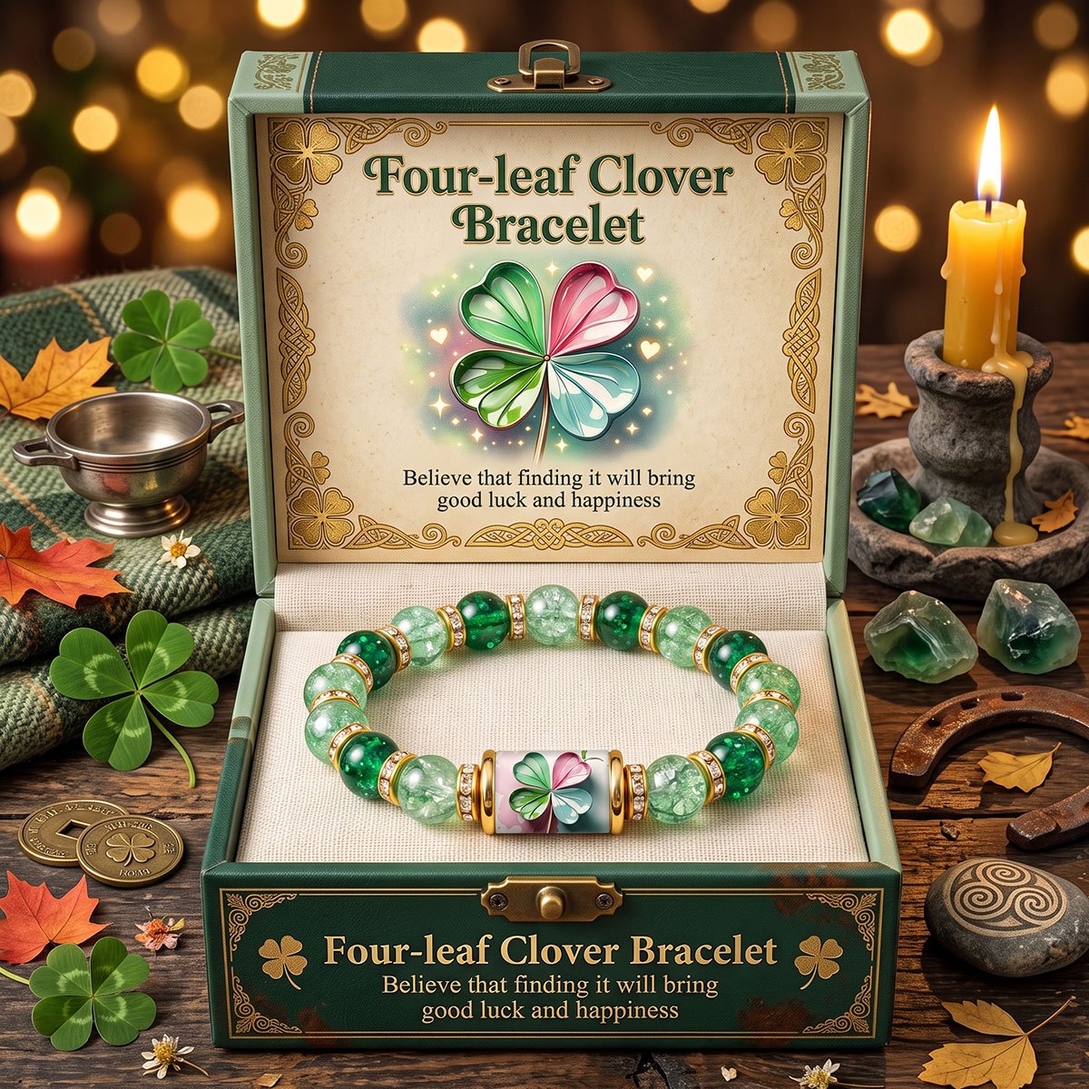 TEMU Sqnutq Natural Stone Clover Bracelet With Pendant - Clover Beads & Suitable For Men And Women, 's Day Good Luck Jewelry Gift, Wearable For Daily