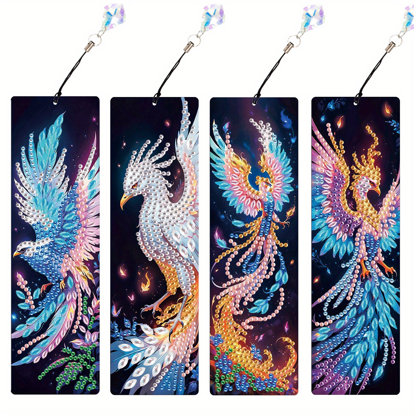 

Phoenix Bookmark Set - 4pcs, 5d Crystal Rhinestone Diy Craft Kit With Pendant, Shimmering Handmade Reading Accessories For Home, Office & School