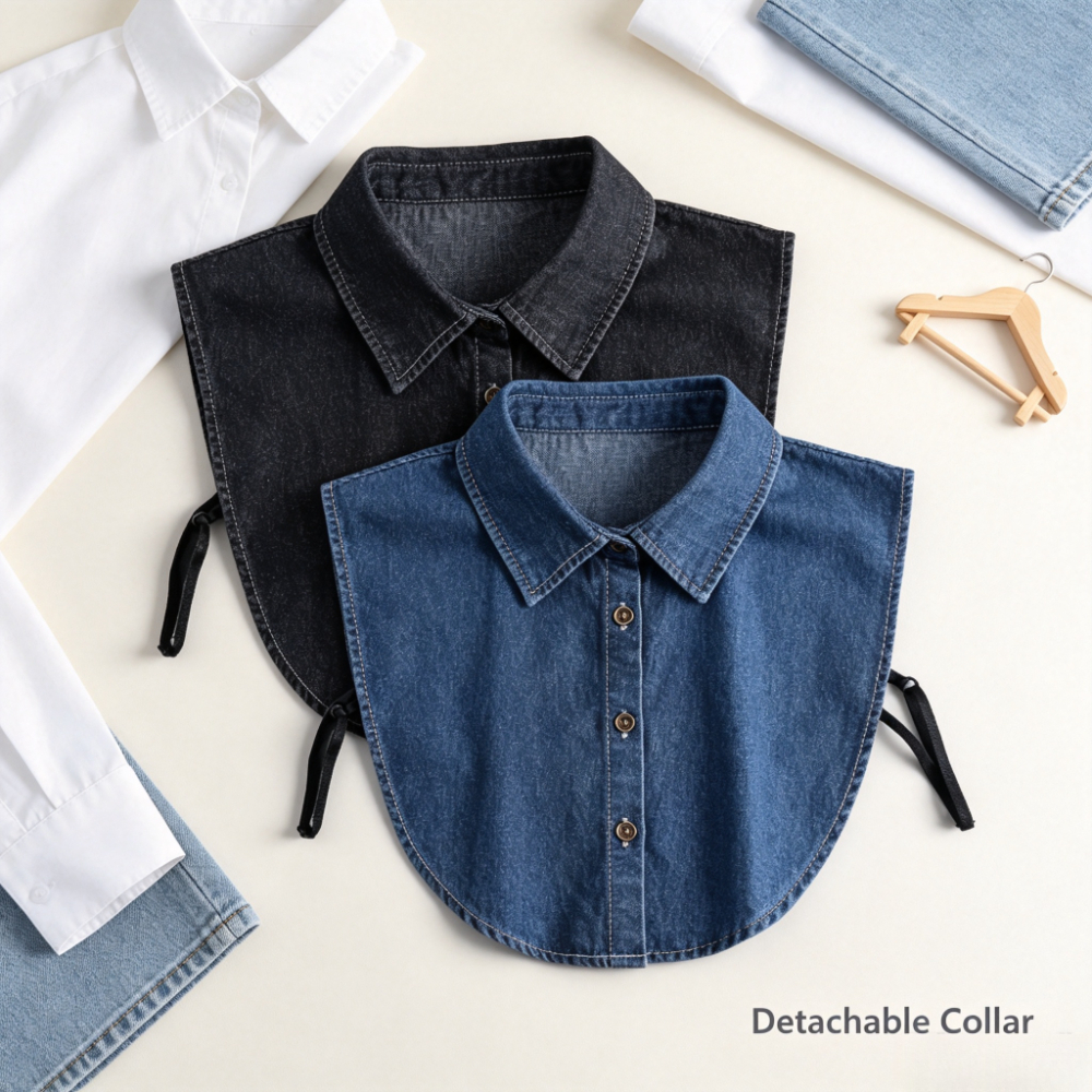 TEMU 2pcs Retro Denim Shirt With Faux Collar, Women's Versatile Decoration, Faux Collar With Overlapping Collar Additions, Detachable Half Shirt