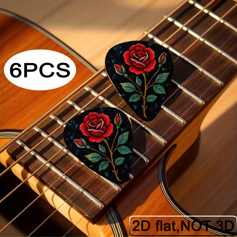 TEMU 6 pièces de plectres de guitare plats 2D avec une base noire, présentant des roses rouges exquises avec des pétales roses et des tiges brunes,