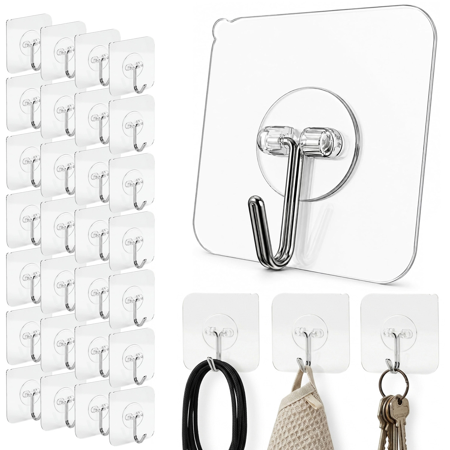 TEMU 30pcs Transparent Self-adhesive Wall Hooks, 6x6cm No-damage Sticky Hanging Hooks, To 10lbs For Kitchen, Bathroom, Bedroom And Household Storage