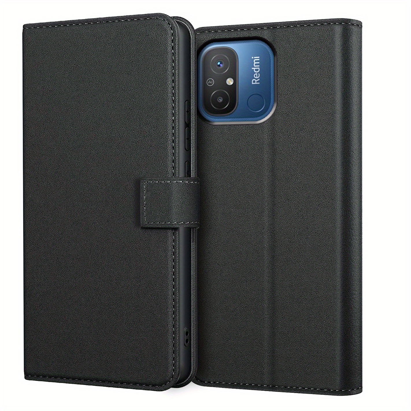 TEMU Phone Case - Protective Wallet Case In Black Faux Leather For Xiaomi Redmi 9, 9a, 10, 10x, 12, And 12c, Featuring A Kickstand And Card Slot