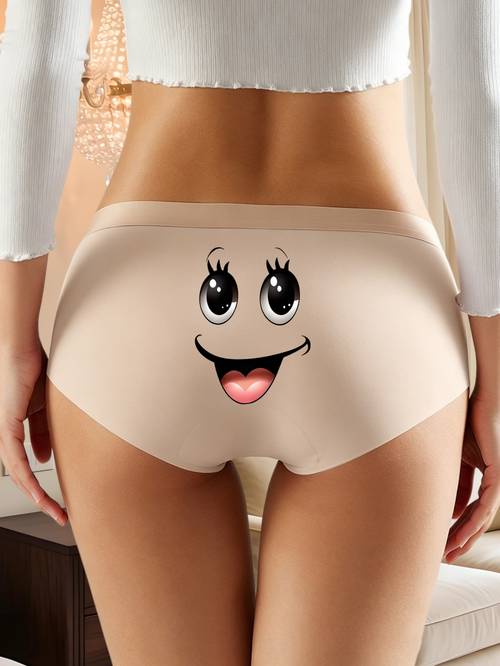 womens apricot colored seamless letter trimmed panties with long eyelashes and big eyes cartoon print on the back breathable and comfortable underwear