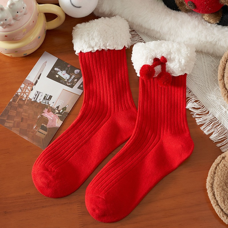 1 Pair Women's Plush Lace Bow Mid-calf Socks - Cozy Socks With Contrast Trim, Machine Washable Festive Gift For Her, Soft Texture